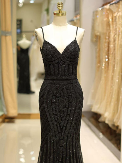 Black Prom Dresses Mermaid Luxury Heavy Beaded Straps Long Formal Evening Dress