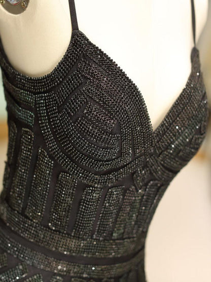 Black Prom Dresses Mermaid Luxury Heavy Beaded Straps Long Formal Evening Dress