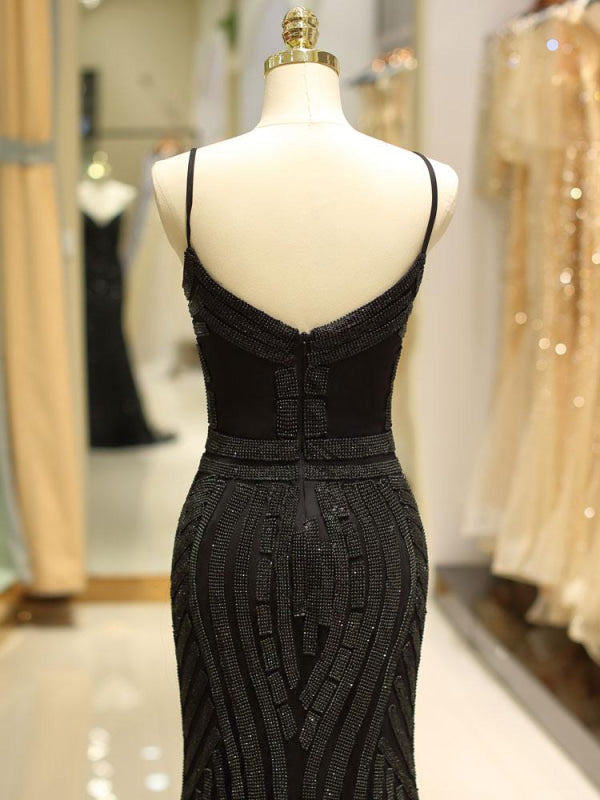 Black Prom Dresses Mermaid Luxury Heavy Beaded Straps Long Formal Evening Dress