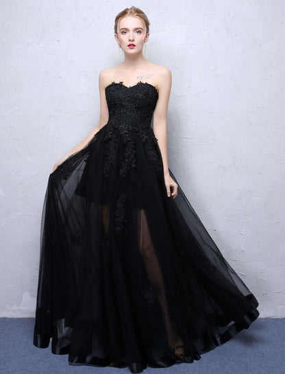 Black Prom Dresses Strapless Long Party Dress Lace Applique Sweetheart Illusion Formal Evening Dress
