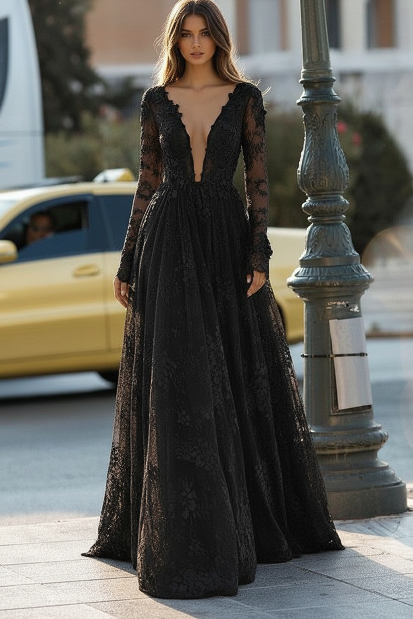Simple Wedding Dress A Line V Neck Long Sleeves Lace Floor Length Bridal Gowns