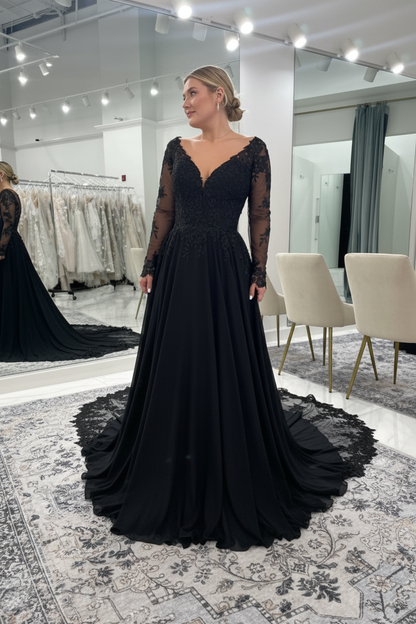 V-neck Open Back Appliques Lace A-Line Wedding Dresses Long Sleeve