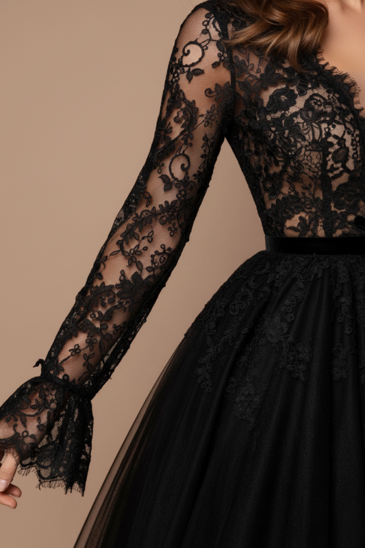Black Wedding Dress A-Line V-Neck Long Sleeves Tulle Lace Bridal Gowns