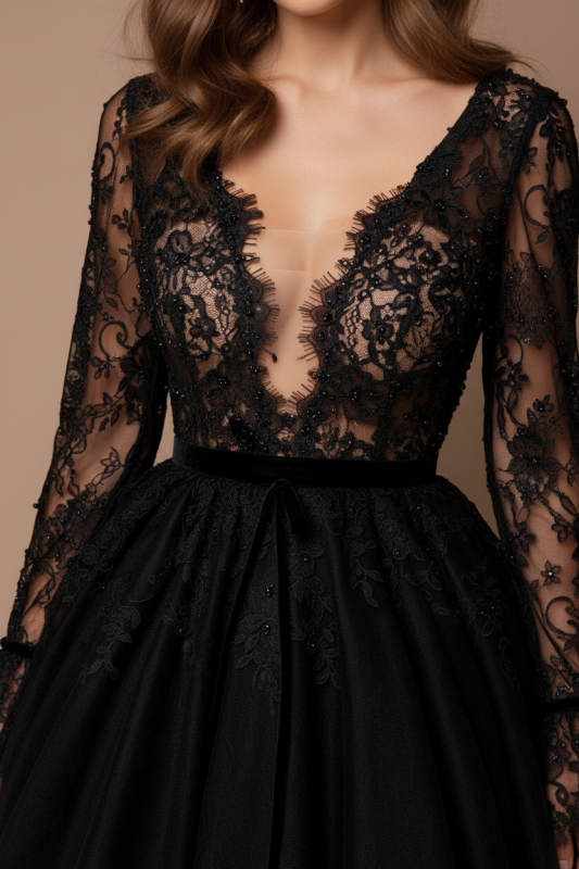 Black Wedding Dress A-Line V-Neck Long Sleeves Tulle Lace Bridal Gowns