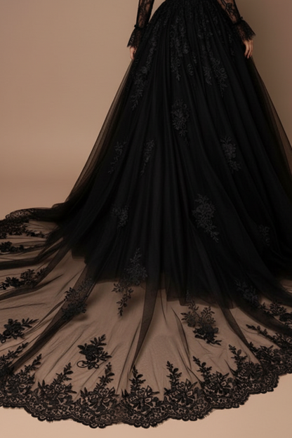 Black Wedding Dress A-Line V-Neck Long Sleeves Tulle Lace Bridal Gowns