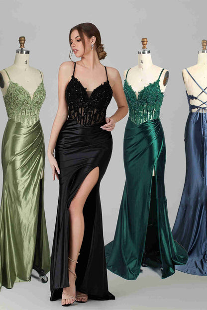 Mermaid Emerald Green Straps Ruched Prom Dress with Slit