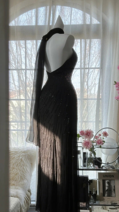 Black Shiny Vintage Elegant Romantic Delicate Pink Floral Beading Long Chiffon Homecoming Ball Gown Evening Dress Birthday/Wedding Guest/Holiday Party Dress Prom Dress gh4025