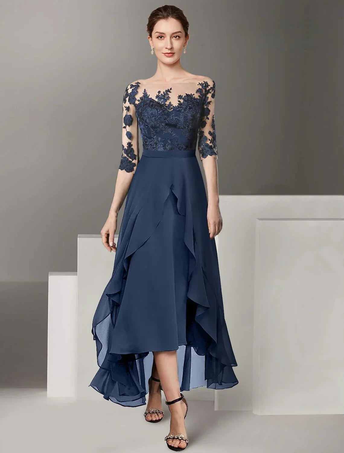 A-Line Mother of the Bride Dress Formal Wedding Guest Elegant High Low Off Shoulder Ankle Length Chiffon Lace Half Sleeve with Pleats Appliques