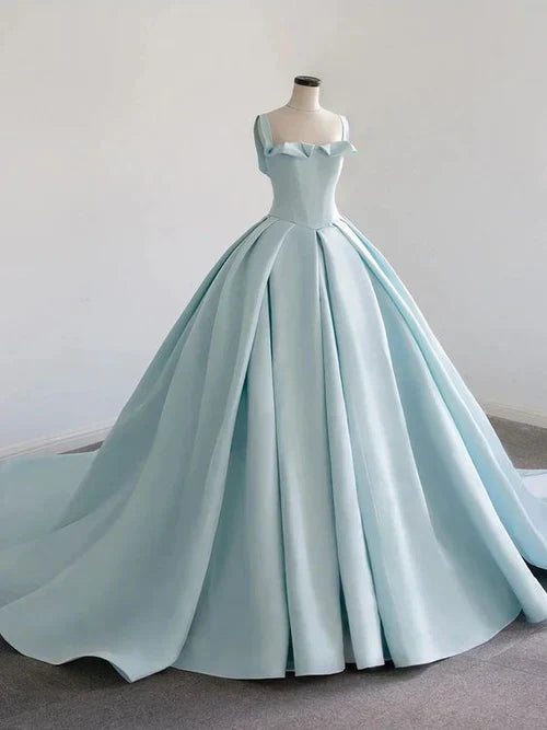 Light Blue Satin Long Ball Gown Quinceanera Dresses Princess Dress Prom Dress