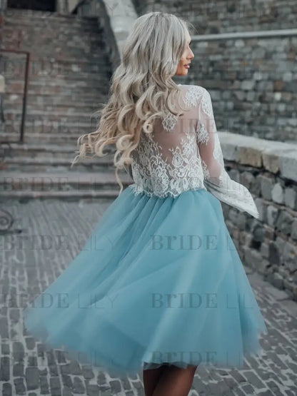 Blue Simple Wedding Dress A Line Designed Neckline Lace Tulle Bridal Gowns