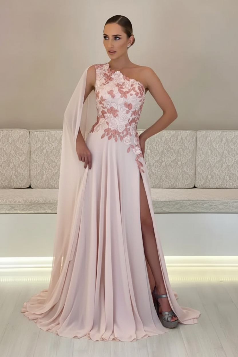 One-Shoulder Sleeveless Chiffon Evening Dresses Long with Side Slit