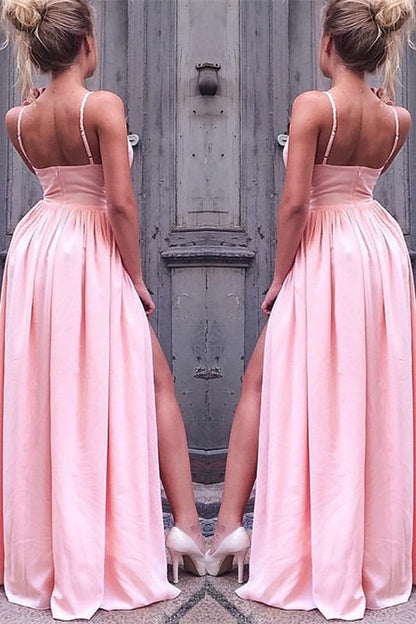 Blush Pink Prom Gown with Flirty Spaghetti Straps and Daring Leg Slit