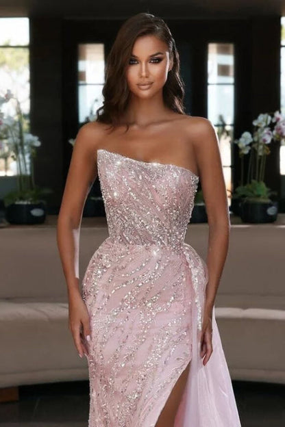 Blush Pink Strapless Mermaid Prom Dress Sequins with Ruffled Split