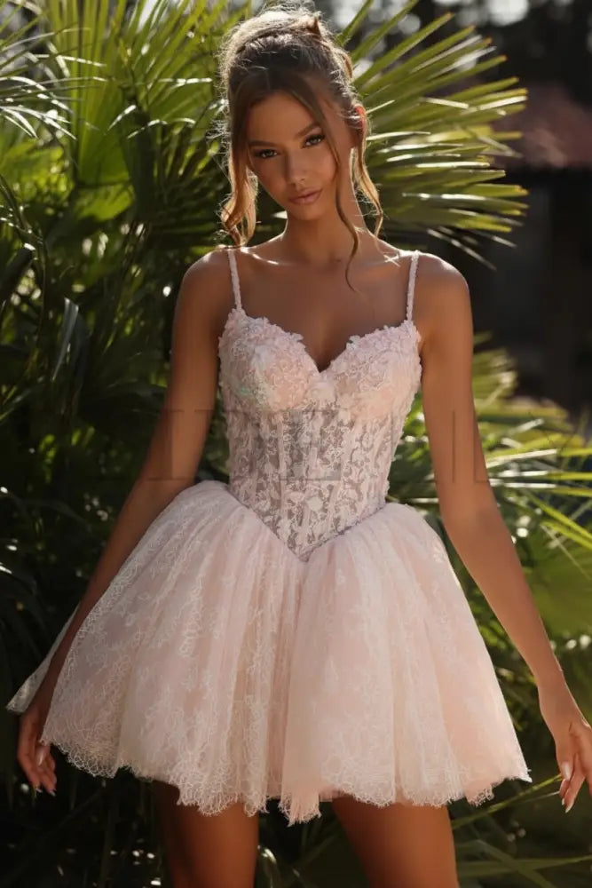 Sweetheart Tulle Lace Short Aline Wedding Dress Spaghetti Straps