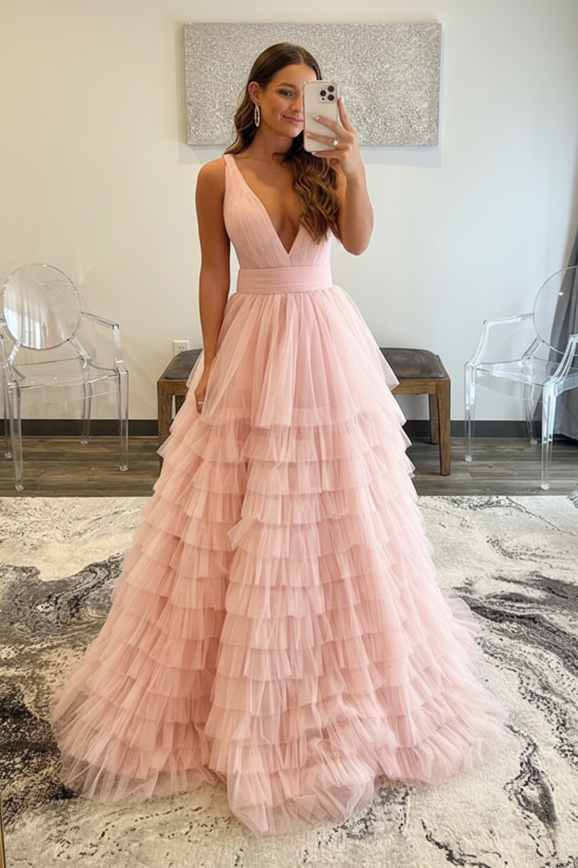 V Neck Layered Tulle Long Prom Dresses Orange Aline Formal Evening Dresses