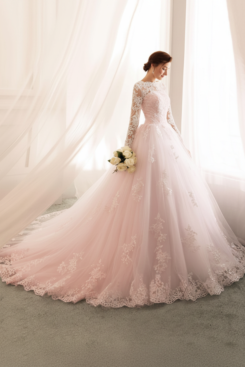 Bateau Neck Princess Wedding Dresses Long Sleeve Lace Tulle Bridal Gowns