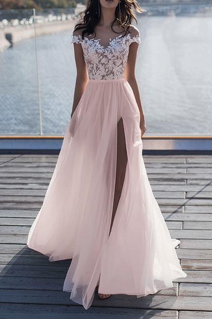 Off The Shoulder Boho Wedding Dresses Lace Short Sleeve Split Front Bridal Dress With Train