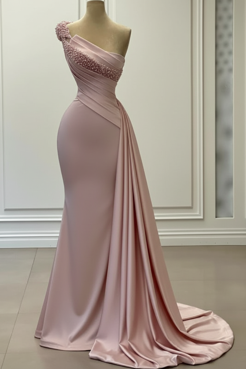 Delicate One-Shoulder Beaded Sleeveless Ruched Satin Wedding Dress
