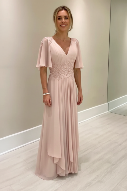 Elegant Half Sleeves V-neck Aline Wedding Guest Dress Chiffon Mother of the Bride Dress
