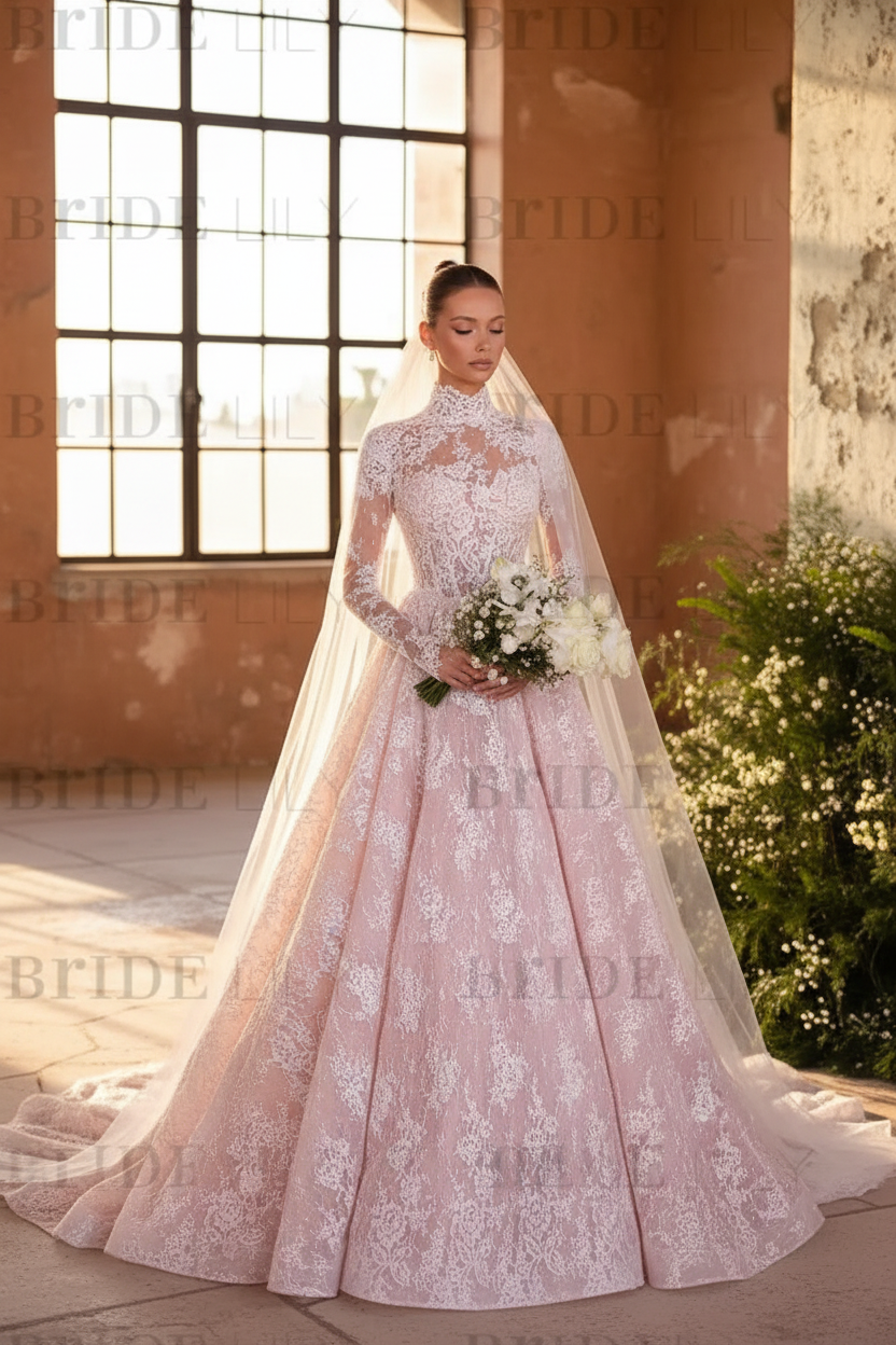Elegant High Neck Long Sleeves  A-Line Appliques Lace Wedding Dress