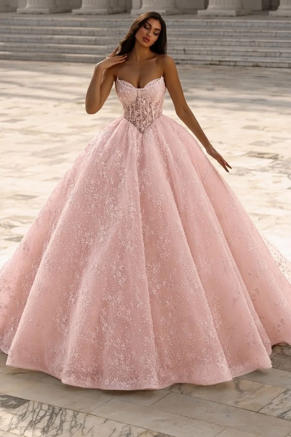 Luxury Glitter Strapless Aline Ball Gown Wedding Dress with Beadings