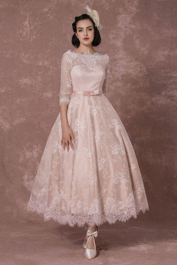 Vintage Champagne Lace Wedding Dress Bateau Neck Half Sleeve Tea Length Bridal Gown