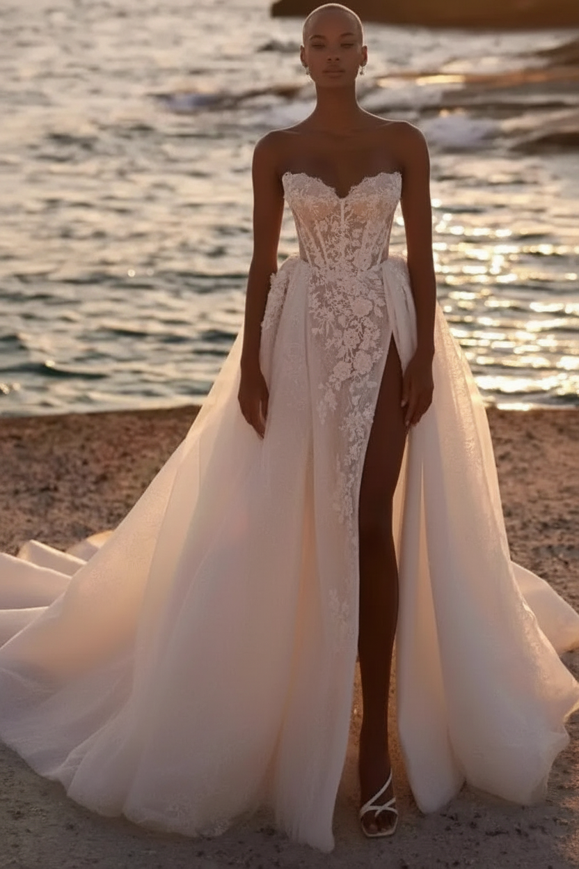 Strapless Aline Bridal Dress Lace Appliques Beach Wedding Dress with Front Split