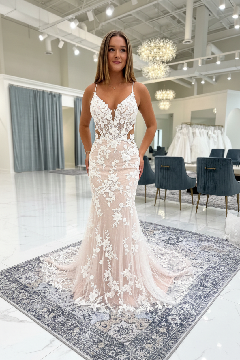 Chic Ivory Mermaid Wedding Dress Tulle lace Appliques Bridal Gown