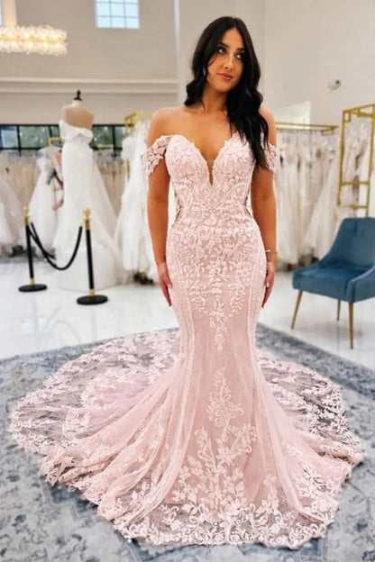 Off-the-Shoulder Sweetheart Ivory Lace Wedding Dress Mermaid Bridal Gown