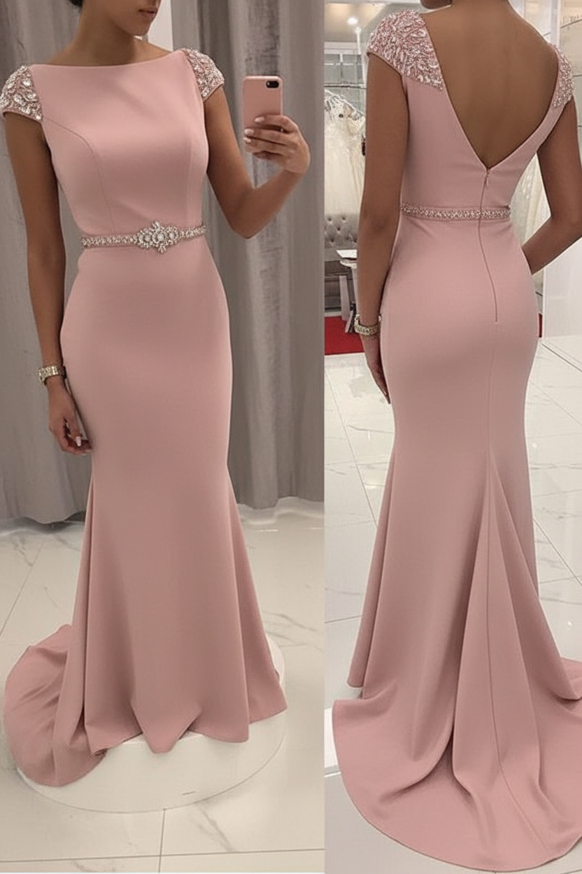 Navy Blue Sequined Fitted Cap Sleeve Mermaid Prom Dress Formal Gown