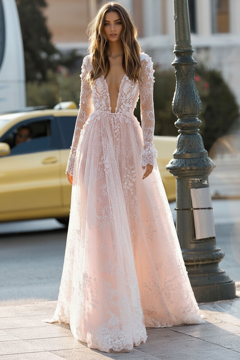 Simple Wedding Dress A Line V Neck Long Sleeves Lace Floor Length Bridal Gowns