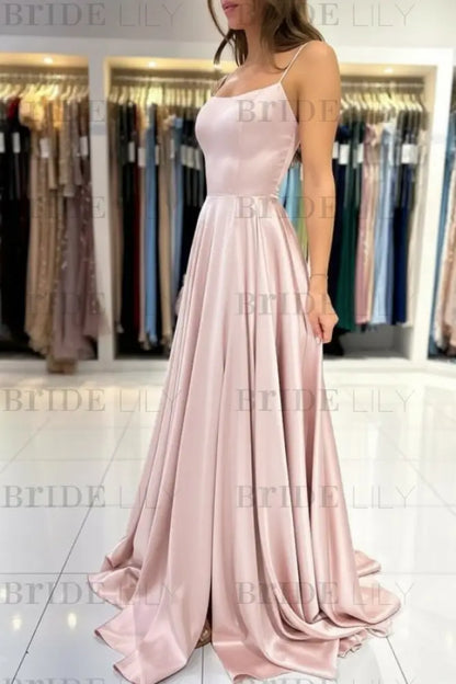 Spaghetti Straps Simple Satin Long Prom Dress with Slit
