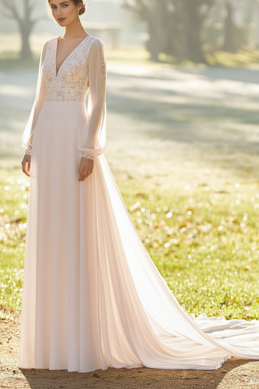 Ivory Wedding Dresses With Court Train A Line Long Sleeves Lace V Neck Bridal Gowns