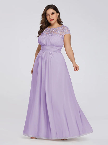 A-Line Mother of the Bride Dress Plus Size Jewel Neck Floor Length Chiffon Short Sleeve with Lace