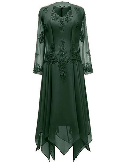 Two Piece A-Line Mother of the Bride Dress Wedding Guest Church Wrap Included V Neck Knee Length Chiffon 3/4 Length Sleeve with Pleats