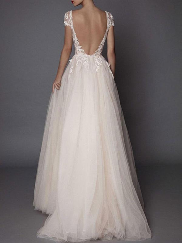 Boho Wedding Dress Ivory V Neck Short Sleeve Applique Slit Bridal Dress