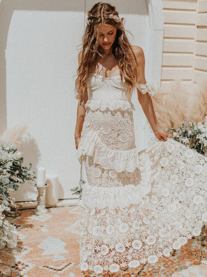 Boho Off The Shoulder Wedding Dress Floor Length Multilayer Lace Bridal Gowns