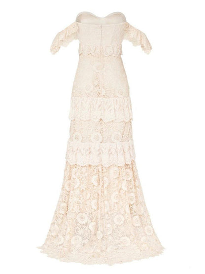 Boho Off The Shoulder Wedding Dress Floor Length Multilayer Lace Bridal Gowns