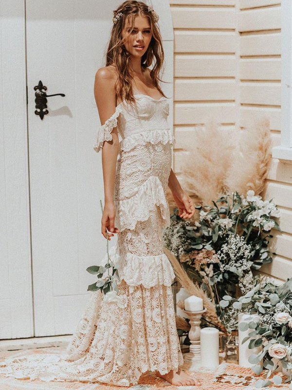 Boho Off The Shoulder Wedding Dress Floor Length Multilayer Lace Bridal Gowns