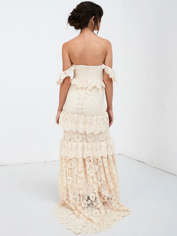 Boho Off The Shoulder Wedding Dress Floor Length Multilayer Lace Bridal Gowns