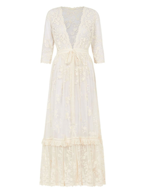 Boho Wedding Dress V Neck Floor Length Lace Multilayer Bridal Gown Dress Outfit