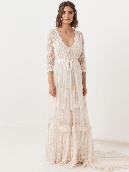 Boho Wedding Dress V Neck Floor Length Lace Multilayer Bridal Gown Dress Outfit