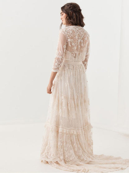 Boho Wedding Dress V Neck Floor Length Lace Multilayer Bridal Gown Dress Outfit