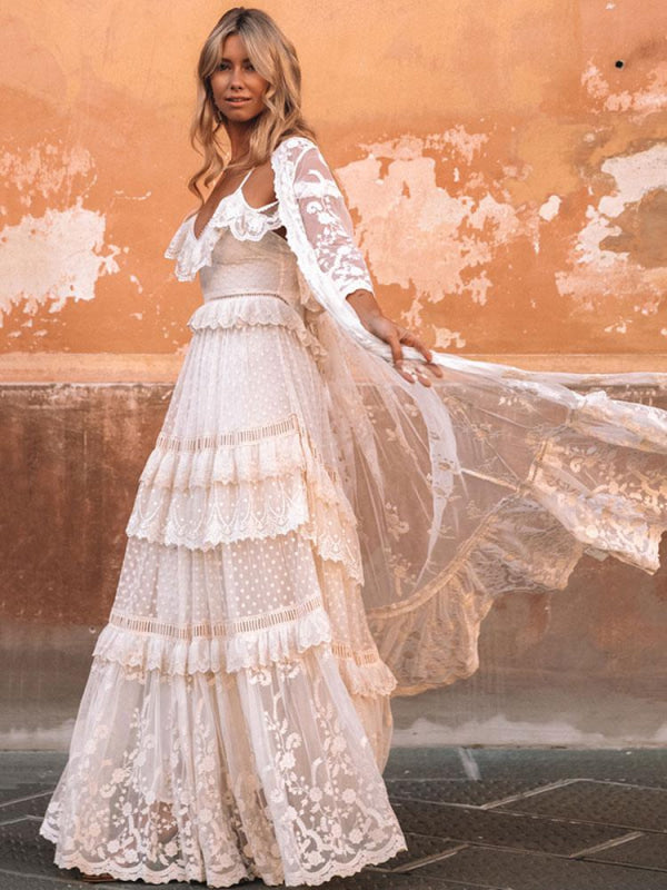 Boho Wedding Dress V Neck Floor Length Lace Multilayer Bridal Gown Dress Outfit