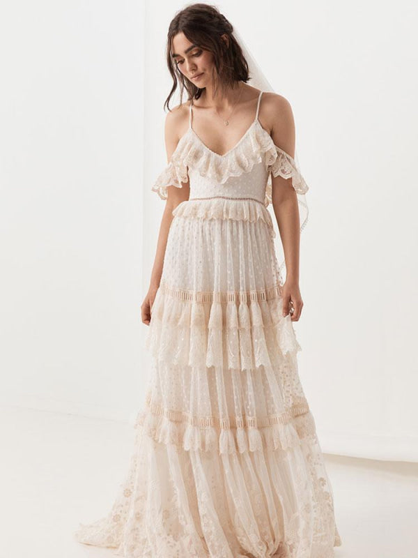 Boho Wedding Dress V Neck Floor Length Lace Multilayer Bridal Gown Dress Outfit
