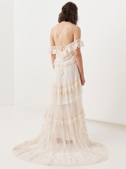 Boho Wedding Dress V Neck Floor Length Lace Multilayer Bridal Gown Dress Outfit