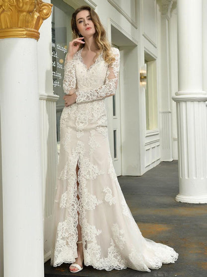 Boho Wedding Dress V Neck Sleeveless Lace Bridal Gowns With Train