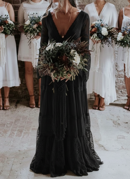 Boho Wedding Dresses A Line Deep V Neck Lace Chiffon Beach Bridal Gowns