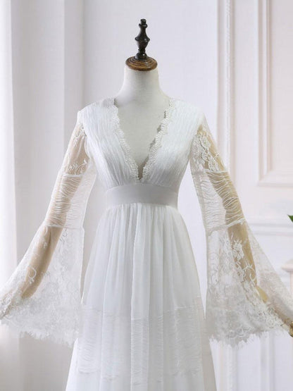 Boho Wedding Dresses A Line Deep V Neck Lace Chiffon Beach Bridal Gowns