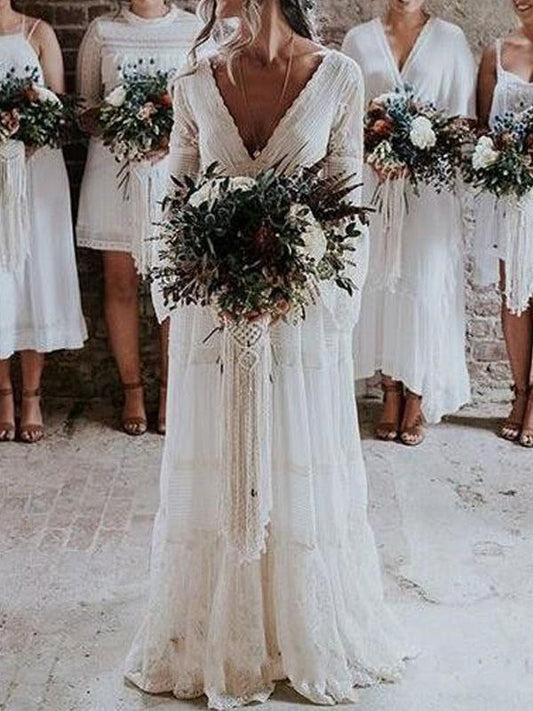 Boho Wedding Dresses A Line Deep V Neck Lace Chiffon Beach Bridal Gowns